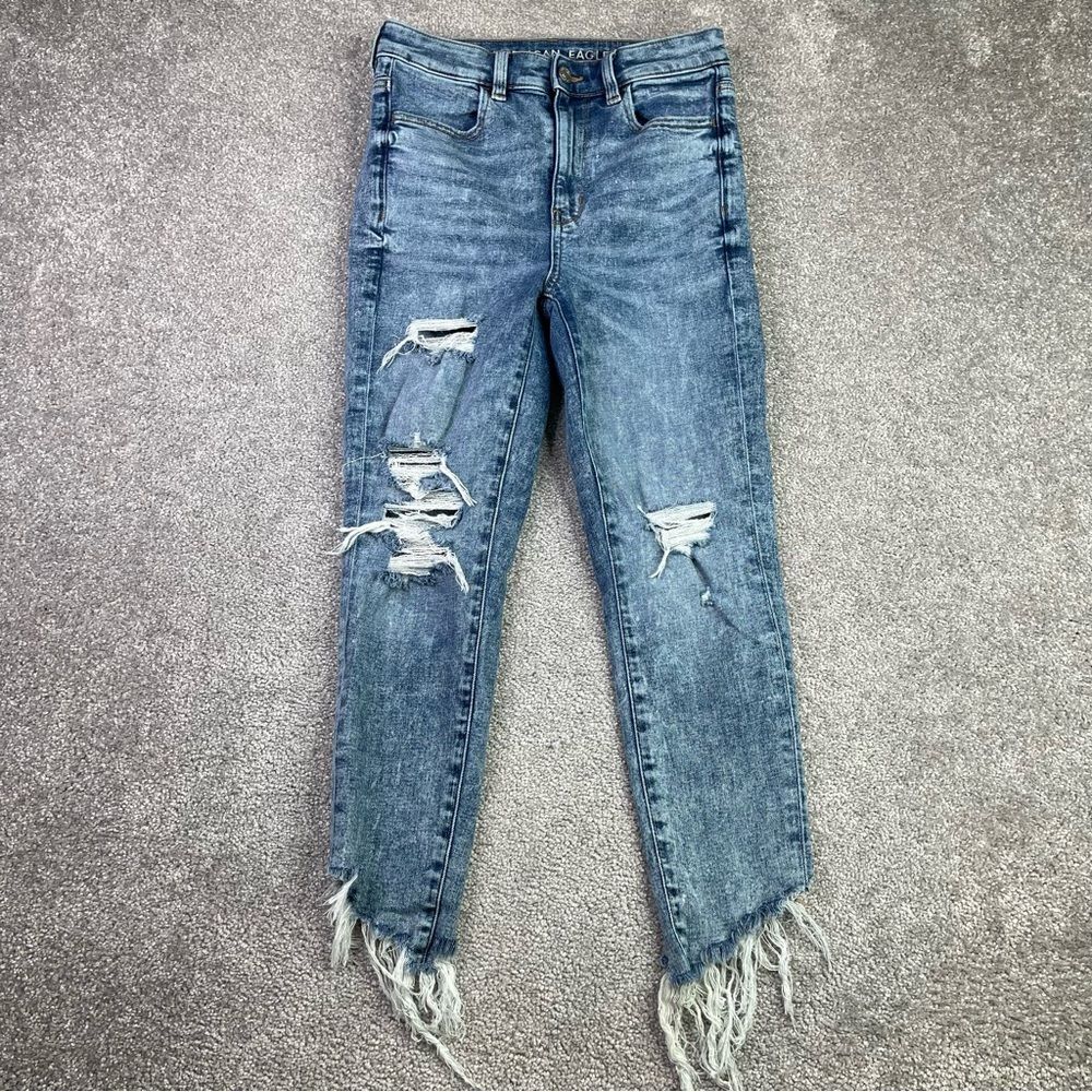 American Eagle Jeans Women's 4 Short Blue Jegging Crop High Rise Ripped Frayed